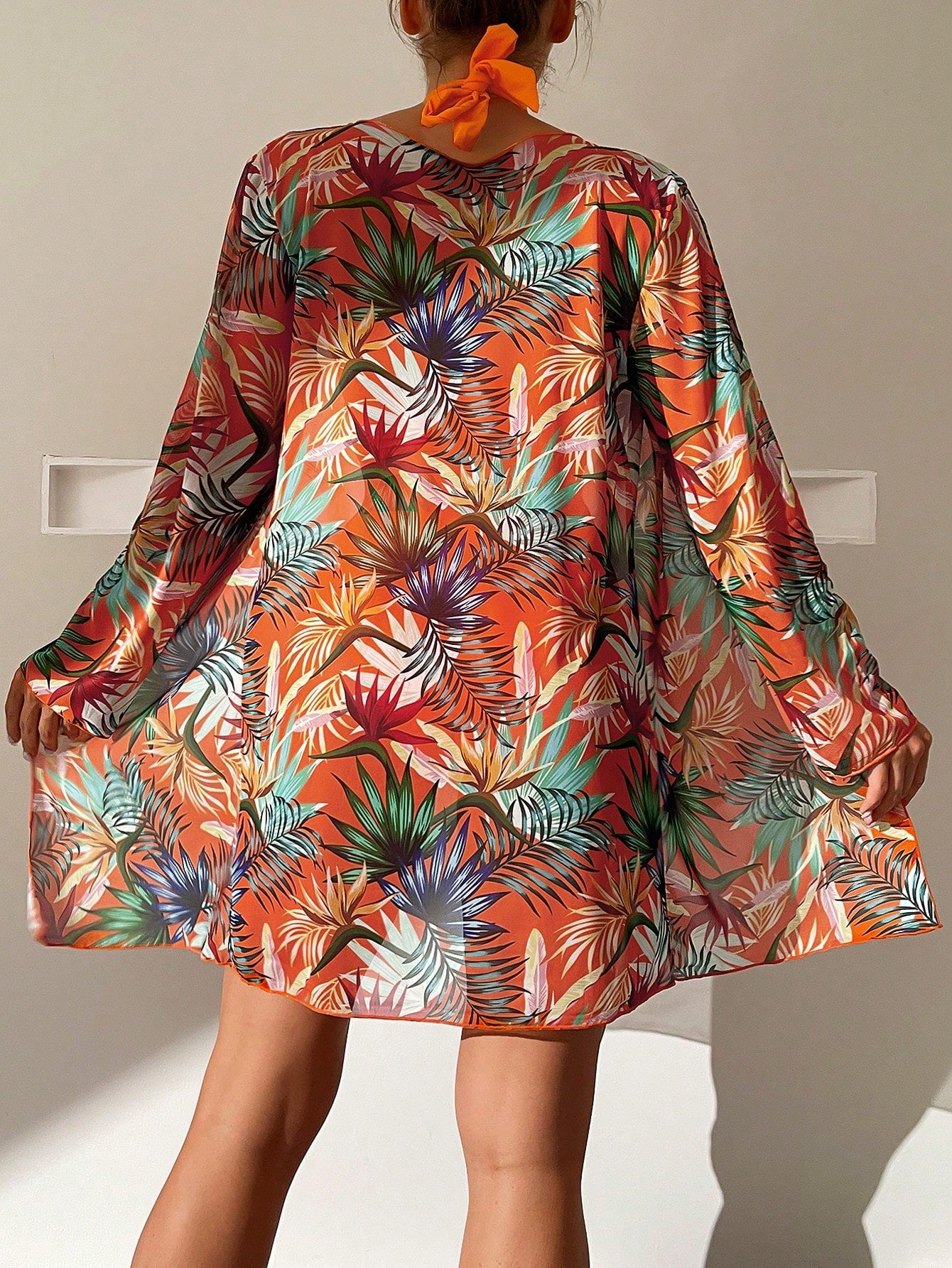 Halter Print Swimsuit With Kimono