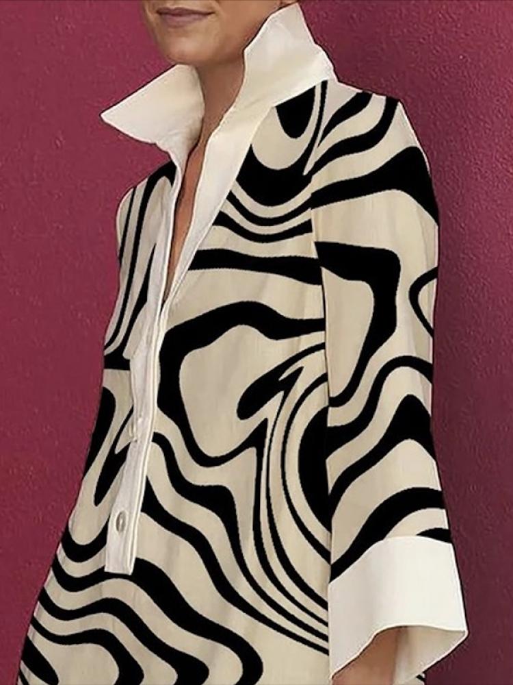 Women Long Sleeves Zebra-striped Loose Shirt Dresses