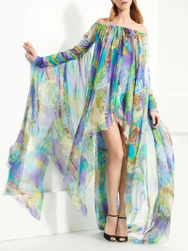 Fashion Printed Off-The-Shoulder High-Low Bohemia Dress