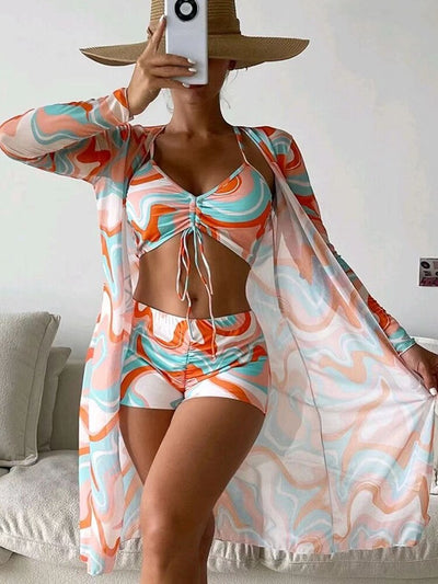 Long Sleeve Swimwear Print Bikini Set
