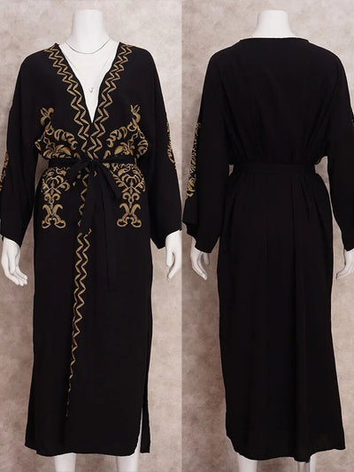 Black Vintage Golden Embroidered Long Kimono